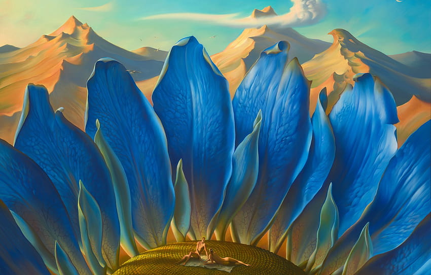 the sky, clouds, mountains, surrealism, painting, the magical world, Metamorphosis, Vladimir Kush, blue sunflower , section живопись HD wallpaper