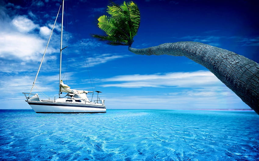 Ultra Sailing Palm Ocean 1920×1200, blue sea boat HD wallpaper