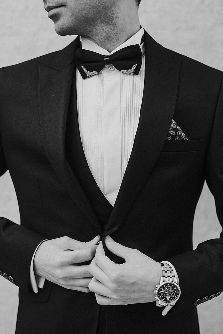 Мъжко черно сако, мъжко, смокинг, ч/б, часовник, младоженец, костюм с палто HD тапет за телефон