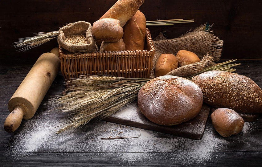 comida, trigo, cesta, harina, rodillo, pan, pan de trigo fondo de pantalla
