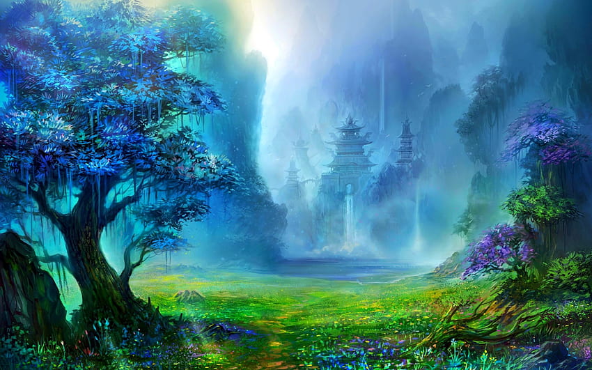 Fantasy-Kunst, Pagode, asiatische Architektur, Bäume, Wasserfall, Kunstwerke, digitale Kunst der Anime-Natur HD-Hintergrundbild