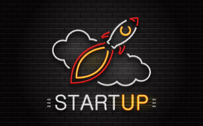 Start Up concept, brick wall, neon lamp, rocket, start up with resolution 3840x2400. High Quality HD wallpaper