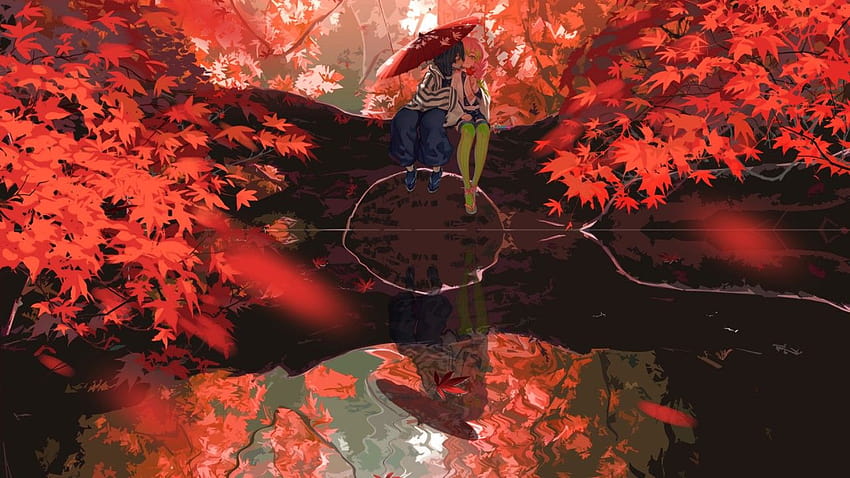 Demon Slayer Mitsuri Kanroji Obanai Iguro sentado cerca del agua con sombrilla alrededor de árboles con hojas rojas Anime fondo de pantalla