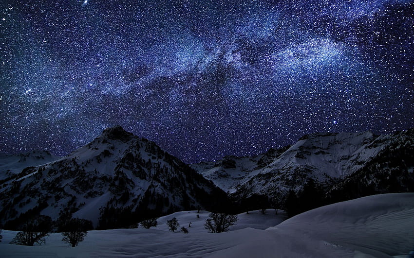 pejzaż górski śnieg niebu gwiazdek gwiaździsta noc przyrodzie noc górski Tapeta HD