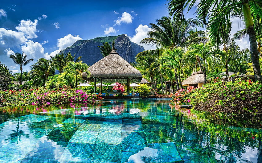 Mauritius, resort, hotel, summer, blue pool, hotel summer HD wallpaper
