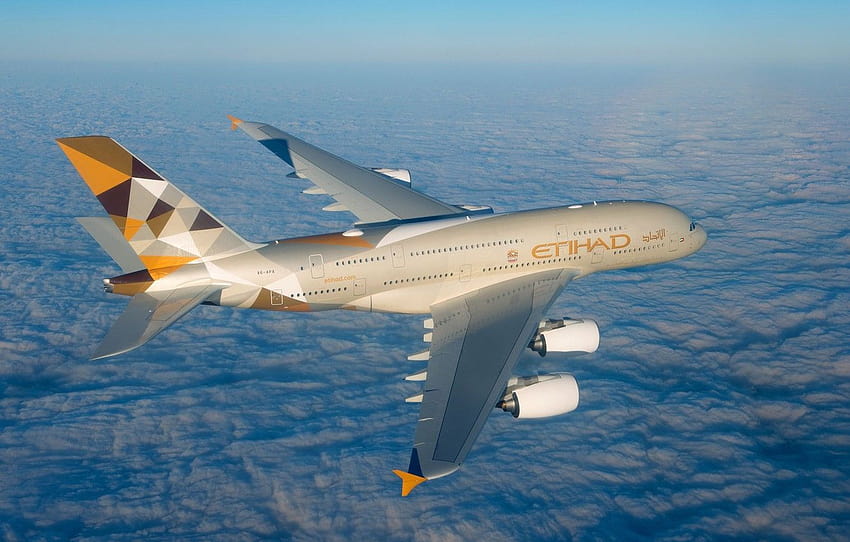 Clouds, A380, Airbus, Etihad Airways, Wing, Airbus A380, A passenger plane, Airbus A380 HD wallpaper