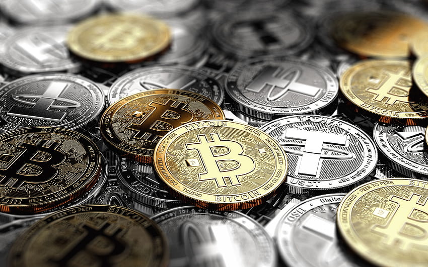 Bitcoin, Tether, Zeichen von Kryptowährungen, Goldmünzen, Silbermünzen, elektronisches Geld, Finanzkonzepte, Geschäft, Kryptowährung mit einer Auflösung von 2880 x 1800. Hochwertige, digitale Währung HD-Hintergrundbild