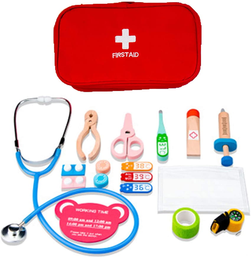 Safety Wooden Children Kids Outdoor Simulation First Aid Medical Kits Emergency Medicine Kit Doctor Early Learning to House Red Cloth Bag Set Toy Kid Role Pretend Play Toys for 4 Year HD phone wallpaper