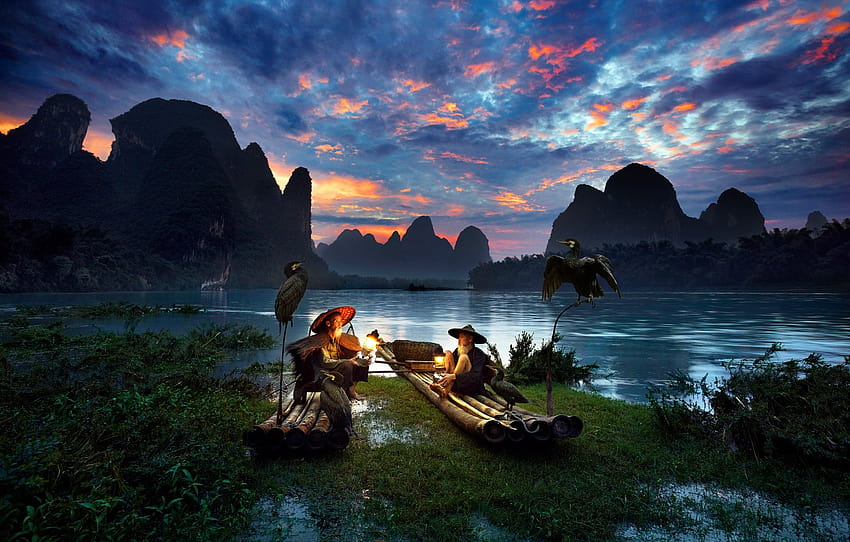 mężczyźni, przyroda, rzeka, ptaki, Azja, góry, Chiny / i mobilne tła, azjatycki kraj Tapeta HD