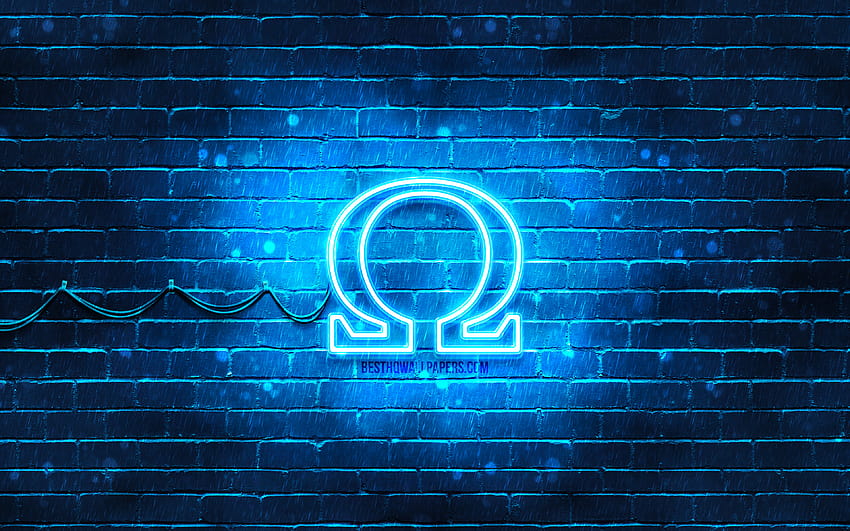 Logotipo azul de Omega, pared de ladrillo azul, logotipo de Omega, marcas de moda, logotipo de neón de Omega, Omega con una resolución de 3840x2400. Alta calidad fondo de pantalla