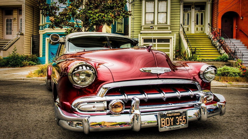 Chevrolet, Vintage, Auto, Oldtimer, rote Autos, Fahrzeug, Bäume, Haus, hochauflösendes Retro-Chevrolet-Poster HD-Hintergrundbild