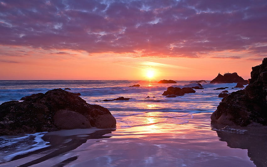 Ocean Rocks Beach Pink Sunset, oceanic rock HD wallpaper