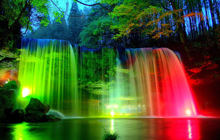 arbres, lumières, parc, pierres, coloré, cascade, le soir, contre-jour, lumières , section природа, cascades colorées Fond d'écran HD