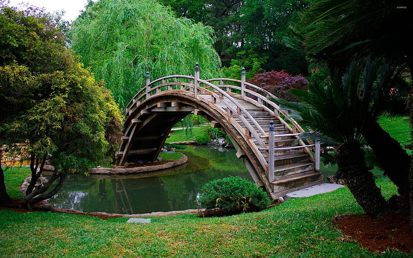 Wooden bridge in a japanese garden, japanese water garden HD wallpaper