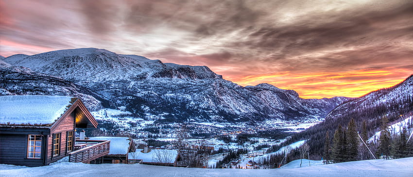 : winter, orange, cloud, snow, Norway, clouds, sunrise, painting, skiing, enhanced, R, hemsedal, skislope 6013x2582, winter orange HD wallpaper