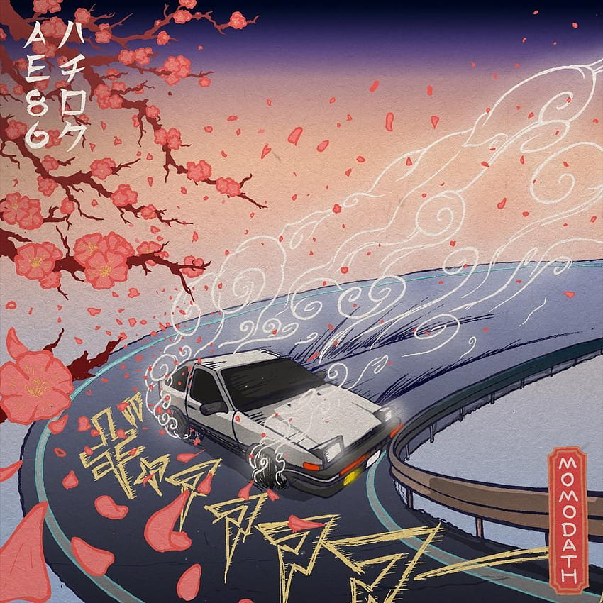 AE86 Cherry blossom drift традиционен японски стил [Ръчно рисувана, естетична японска кола HD тапет за телефон