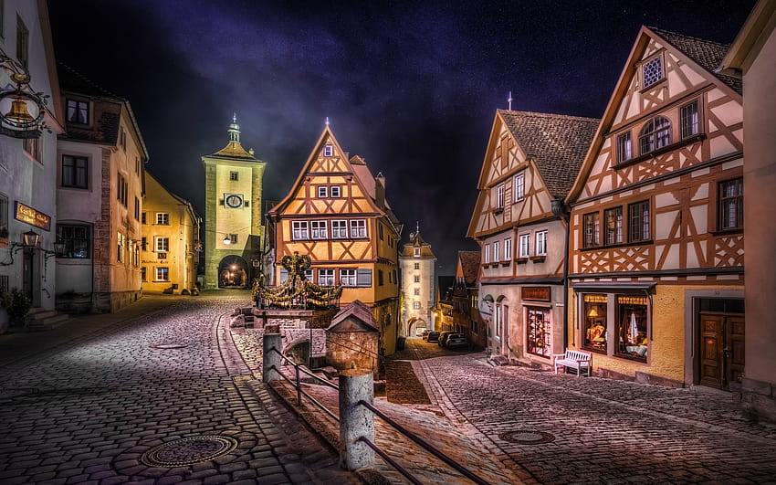 : landscape, lights, city, street, cityscape, night, road, house, evening, Germany, R, town, medieval, Rothenburg, alley, landmark, screenshot, urban area, human settlement 1600x1000, medieval town HD wallpaper