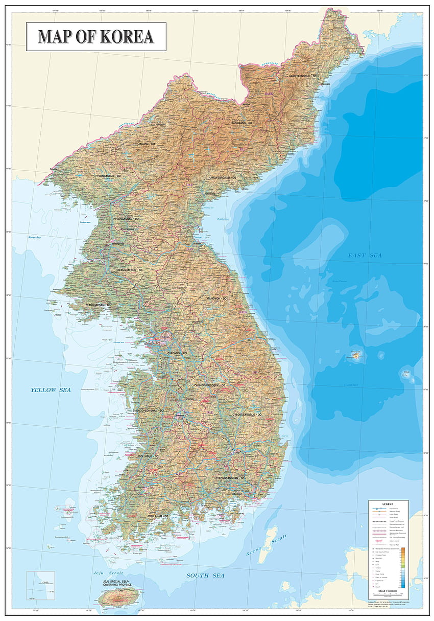 Large detailed physical map of North and South Korea. North and South Korea large detailed physical map HD phone wallpaper