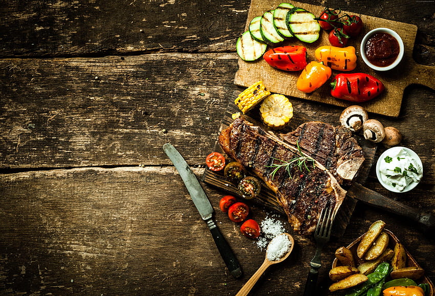 makanan, memasak, panggangan, sayuran, paprika, jamur, steak Wallpaper HD
