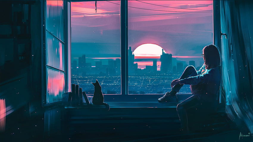 Sunset The city Concept Art Алена…, смразяващо аниме момиче HD тапет