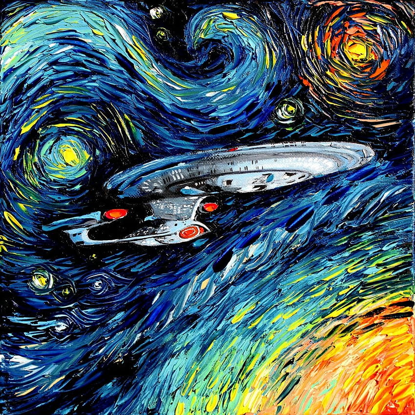 2219 Gwiaździsta noc Sztuka tradycyjna Nowa generacja Starry Night Colorful Star Trek Star Trek: The Next Generation Vincent Van Gogh Serial telewizyjny Statek kosmiczny Artwork Painting Humor Tapeta na telefon HD