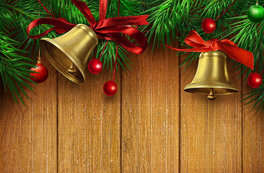 Christmas Wooden Backgrounds with Gold Bells, christmas ribbon HD wallpaper