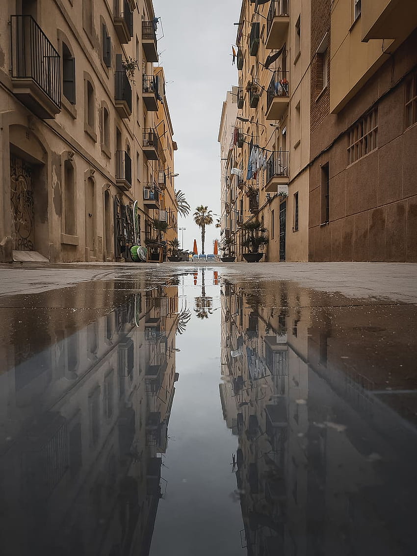 : 水たまり、通り、都市、スペイン、道路、都市、町、バルセロナ市アンドロイド HD電話の壁紙