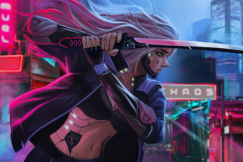 Cyberpunk-Scifi-Cyborg-Mädchen mit Schwert, Künstler, Hintergründen und Cyborg-Frauen HD-Hintergrundbild
