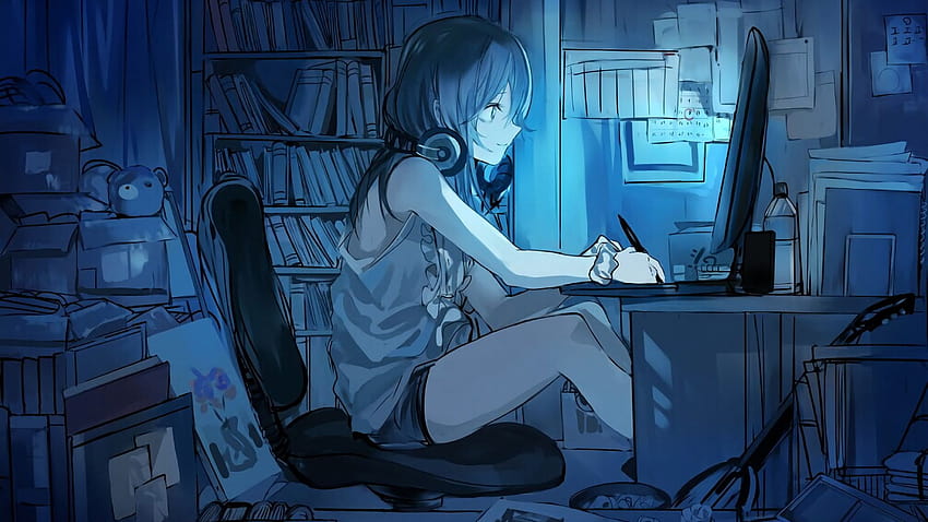 Arte • Ragazza che usa il personaggio anime del computer, Cuffie, Originale, anime computer ragazza estetica Sfondo HD