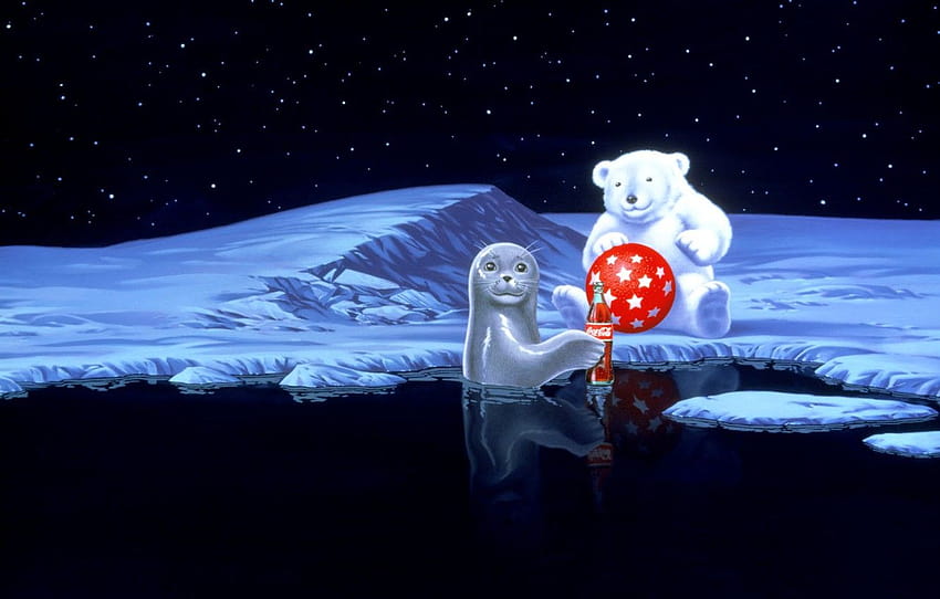 water, stars, snow, red, the ball, seal, bear, coca, christmas polar bear HD wallpaper