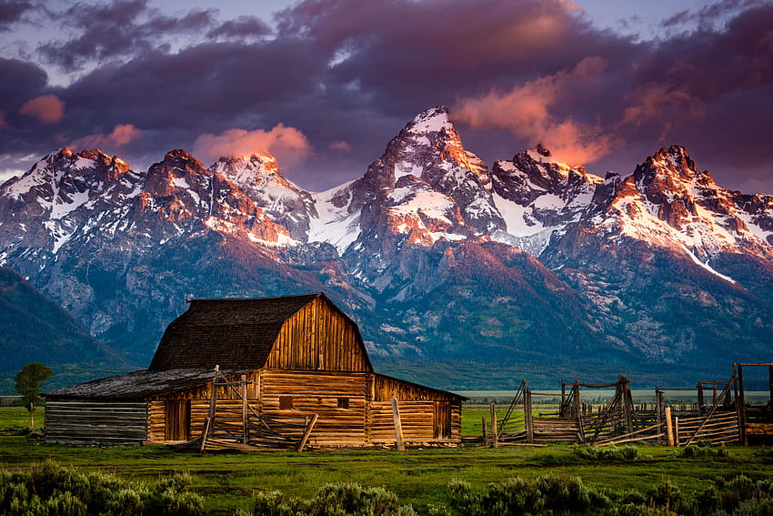 Farm barn rustic sunset sunrise mood mountain, red farm sunset HD wallpaper