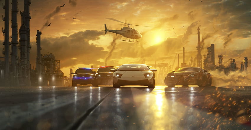 Art, machinery, race, Chase, police, road, helicopter, sunset, police helicopter HD wallpaper