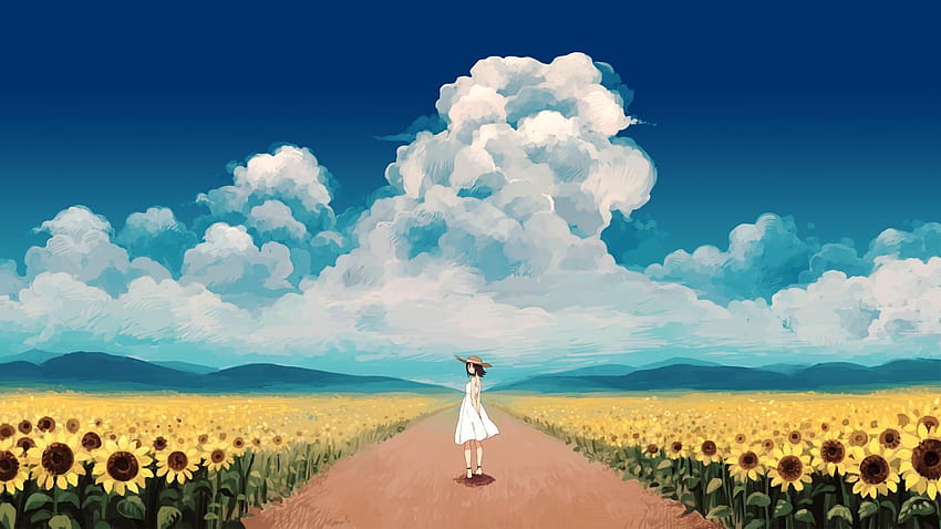 Anime sun flower field, anime flower field scenery HD wallpaper