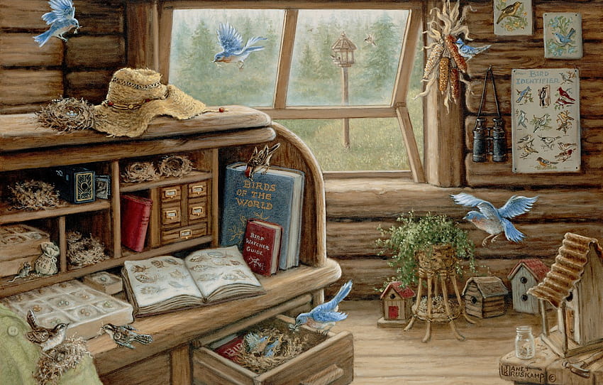 summer, art, Notepad, book, house, the study, table, birdhouses, Janet Kruskamp, bird Bureau, biologist , section живопись HD wallpaper