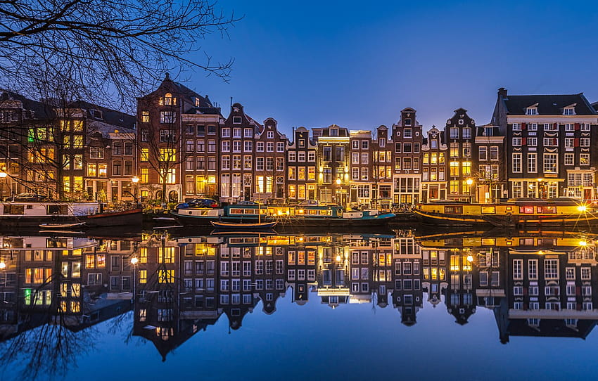 reflection, building, home, pier, Amsterdam, Netherlands, night city, Amsterdam, Netherlands, Singel Canal, The Singel Canal , section город HD wallpaper
