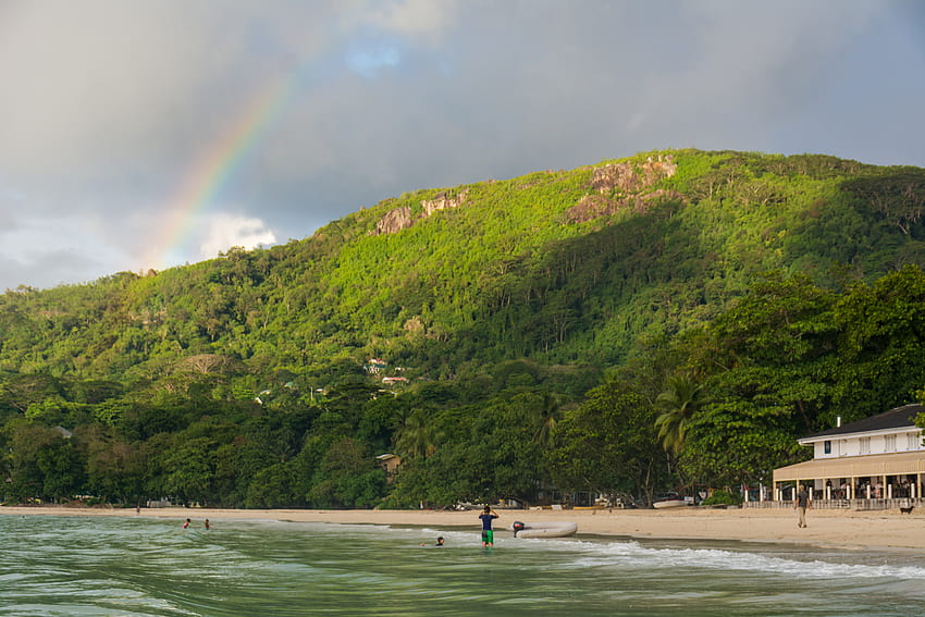 : rainbow, beach, nature, scenery, travel, beauvallon, Seychelles, nikond7100, nikkor18140mm, holiday, vacation, travel graphy, outdoor, beauty, ocean, sea, dingy 6000x4000 HD wallpaper