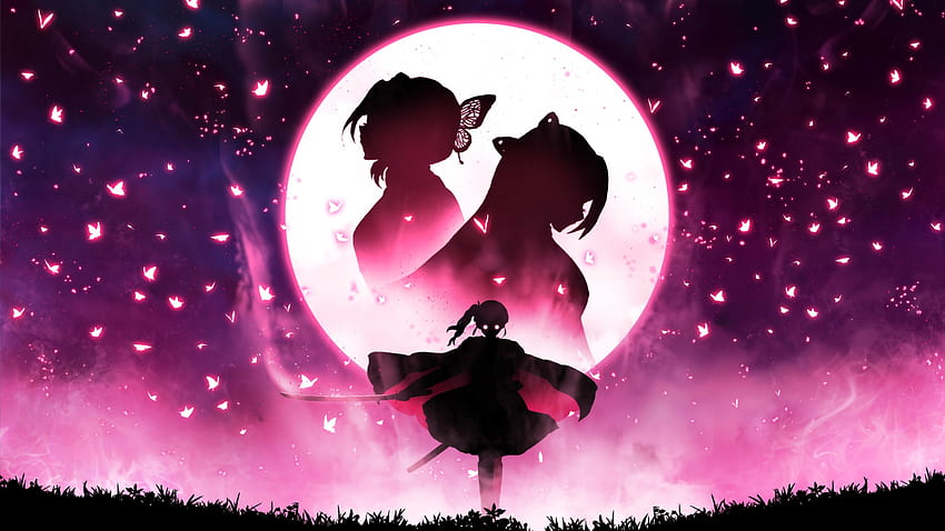 Demon Slayer Kanae Kocho Kanao Tsuyuri Shinobu Kochou With Backgrounds Of On Moon And Lighting Butterflies Anime, demon slayer moon HD wallpaper