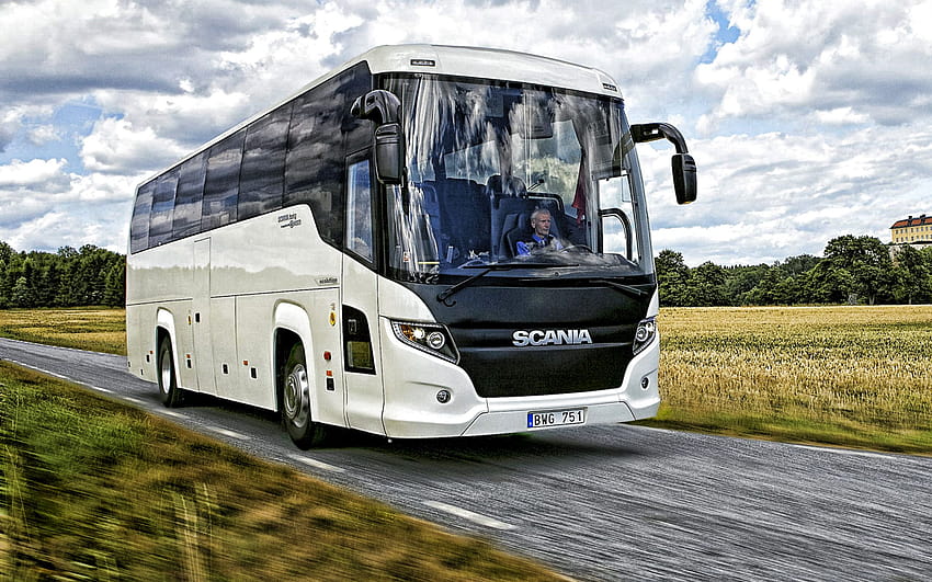 Scania Touring Bus, 2019, ônibus de passageiros, transporte de passageiros, viagens de ônibus conceitos, ônibus na estrada, Scania com resolução 2560x1600. Ônibus turístico de alta qualidade papel de parede HD