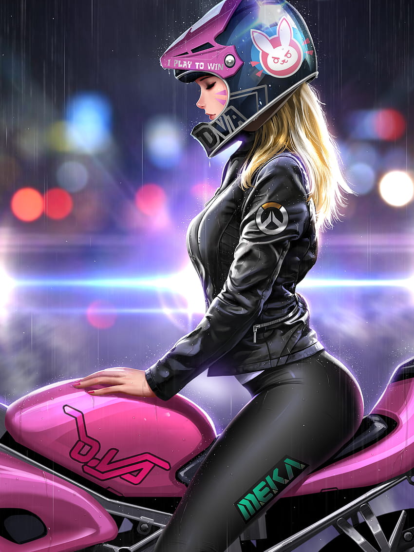 Overwatch Blizzard Entertainment D Va Overwatch Szata graficzna Sztuka cyfrowa Kobiety Długie włosy Gra wideo Art V, dziewczyna jedzie na rowerze Tapeta na telefon HD