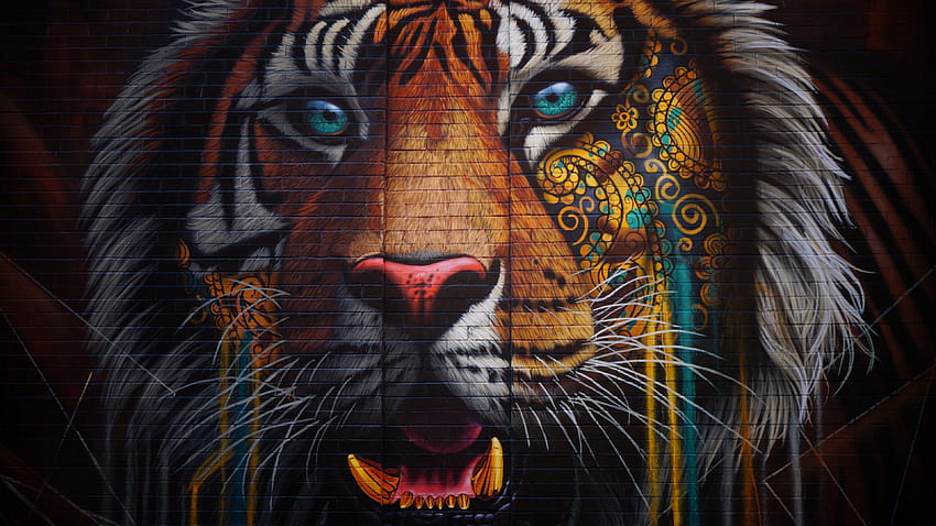 3840x2160 tiger, graffiti, street art, wall, colorful u 16:9 backgrounds, tiger art HD wallpaper
