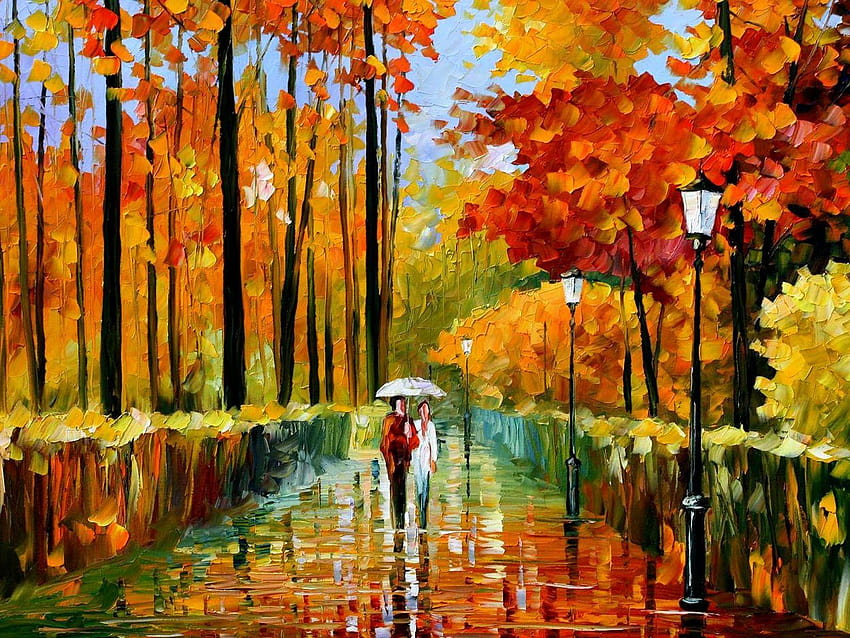 Lukisan Hujan Musim Gugur, lukisan cat minyak Wallpaper HD
