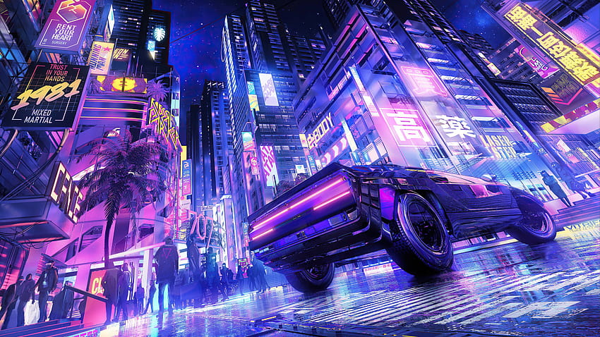 Auto, Supersportwagen, Japan, Anime, Kunst, Straße, Cyberpunk, Kanji, Japanisch, Abschnittsgrafik in der Auflösung 1366 x 768, lila Anime-Auto HD-Hintergrundbild
