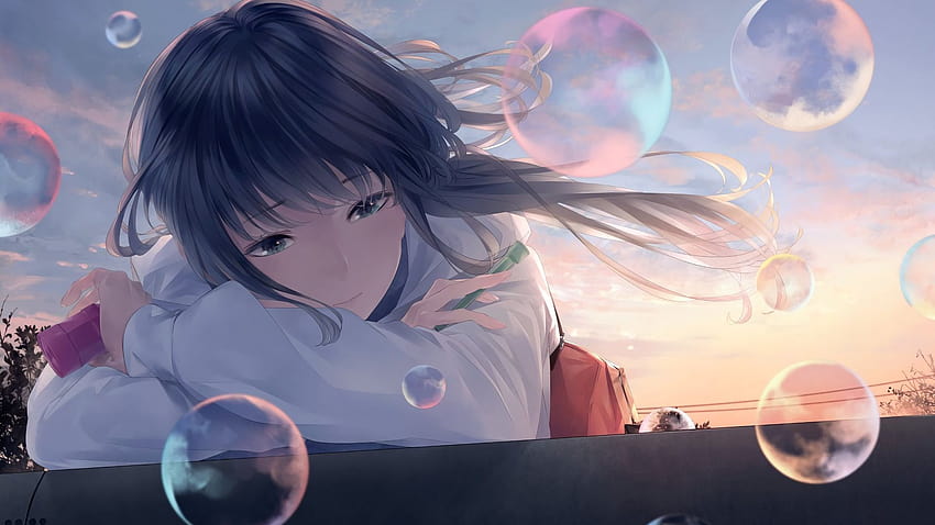 HD desktop wallpaper: Anime, Water, Rainbow, Girl, Cloud, Fish, Bubble,  School Uniform, Sunshine download free picture #862256