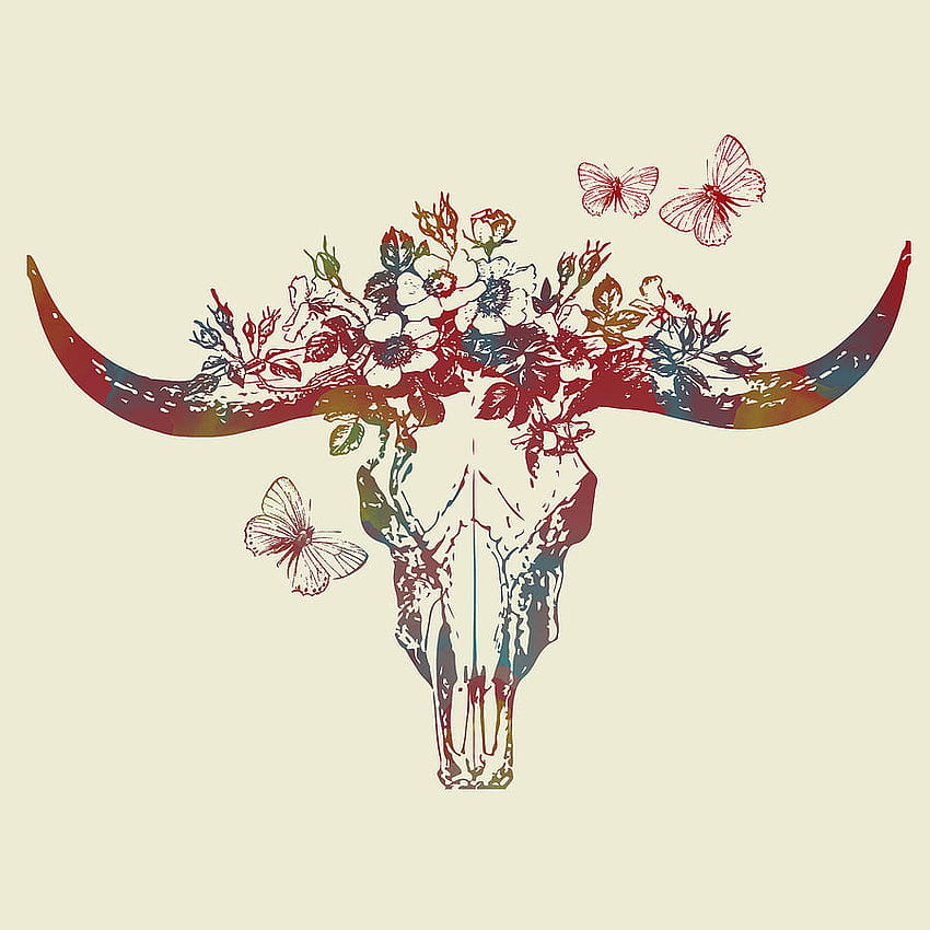 Bull skull with flowers and butterflies Digital Art by Mihaela Pater cow  skull HD phone wallpaper  Pxfuel