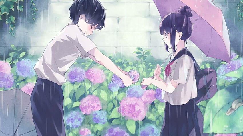  Chico anime dando flores a chica, chico y chica anime fondo de pantalla