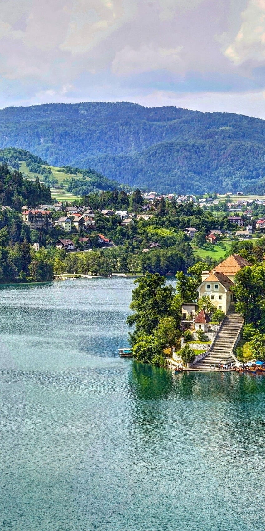 1080x2160 Slovenia, Church, Lake, Village, Mountain, Trees for Huawei Mate 10, lake village HD phone wallpaper