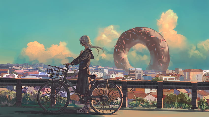 애니메이션 원본 자전거 도시 긴 머리 삽화, 수평 애니메이션 PC HD 월페이퍼
