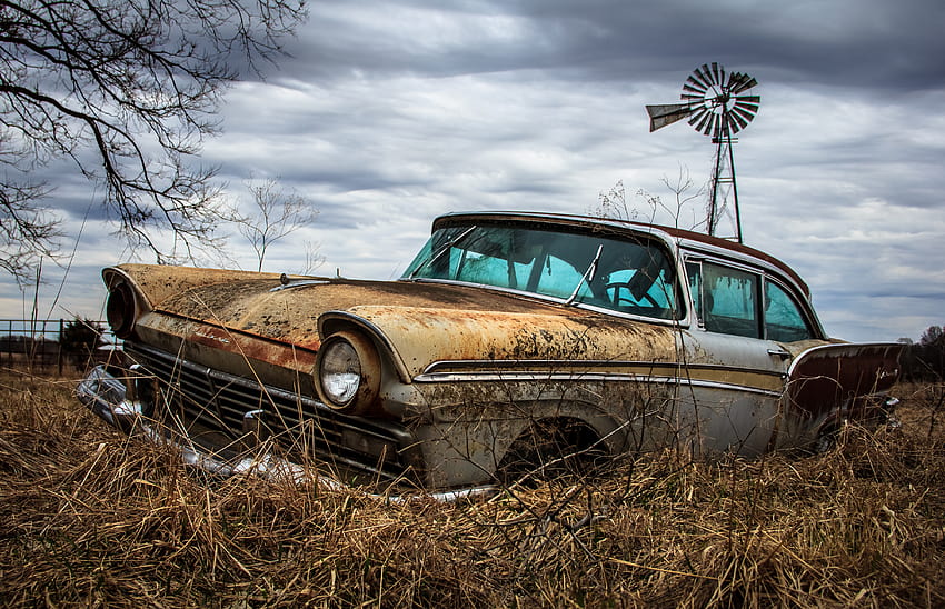 : galaxy, abandoned, windmill, Ford, decay, Vintage car, rural, rusty, missouri, classic, land vehicle, automotive design, automobile make, luxury vehicle, motor vehicle, antique car 4856x3132, abandoned car HD wallpaper