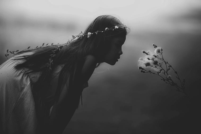 black and white shot of young child with flower tiara blowing, girl and dandelion HD wallpaper