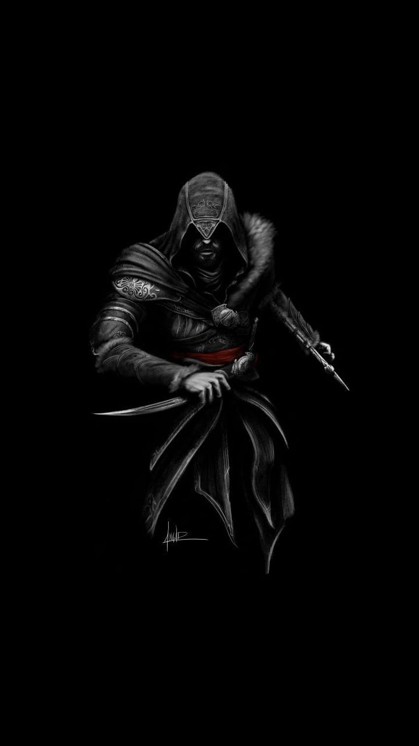 Ezio, assassino, Assassin's Creed, oscuro, minimale, arte, assassin creed android Sfondo del telefono HD